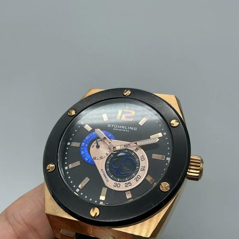 Stuhrling Original Mens Watch 49mm Black Dial Gold Tone Automatic 24-Hr 8.25